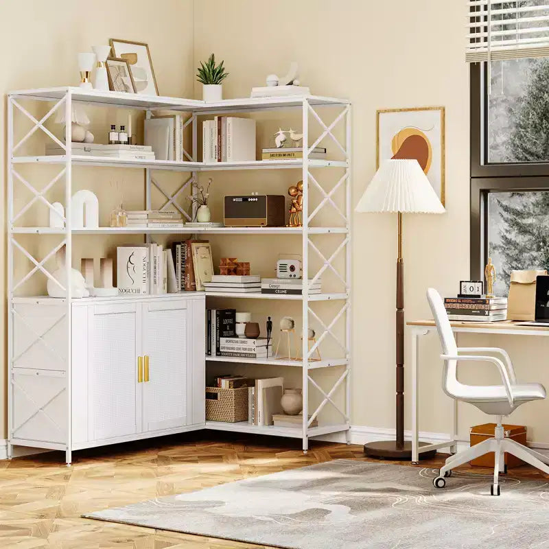 Libreria angolare moderna a forma di L, bianca, a 6 ripiani, a giorno, in stile industriale moderno per ufficio, soggiorno, cucina, bianca