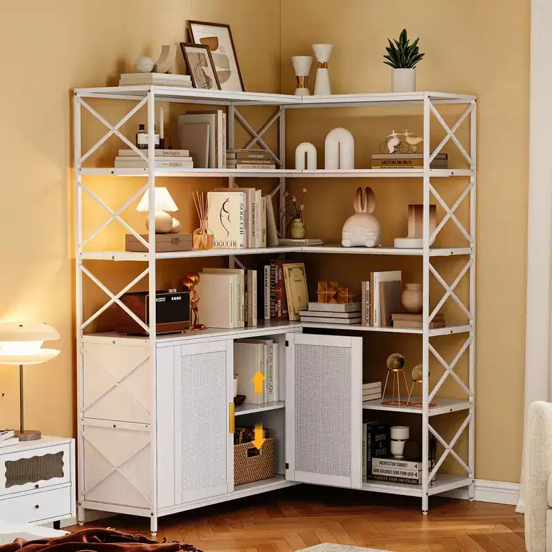 Libreria angolare moderna a forma di L, bianca, a 6 ripiani, a giorno, in stile industriale moderno per ufficio, soggiorno, cucina, bianca