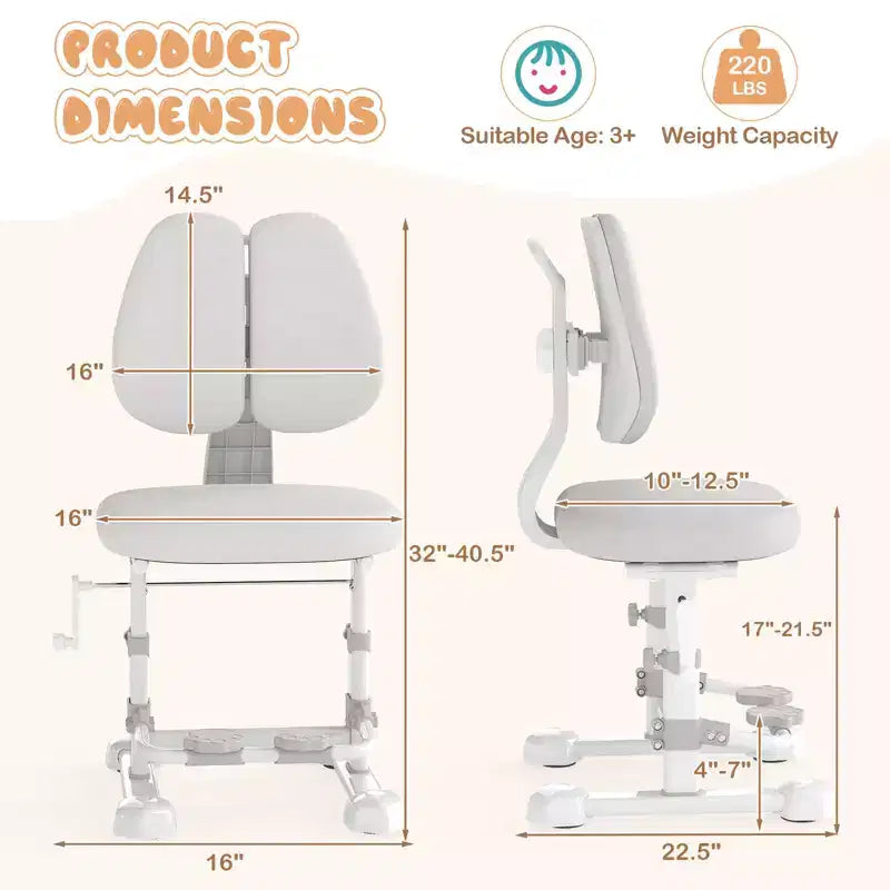 Sedia da studio per bambini con doppio schienale, poggiapiedi, altezza e profondità della seduta regolabili - Grigio/Blu/Rosa