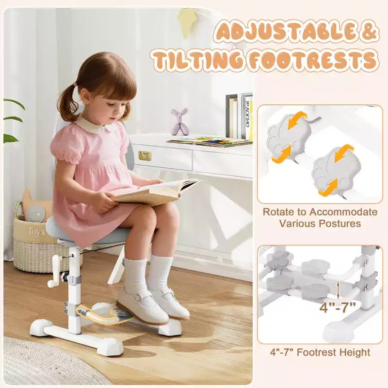 Sedia da studio per bambini con doppio schienale, poggiapiedi, altezza e profondità della seduta regolabili - Grigio/Blu/Rosa