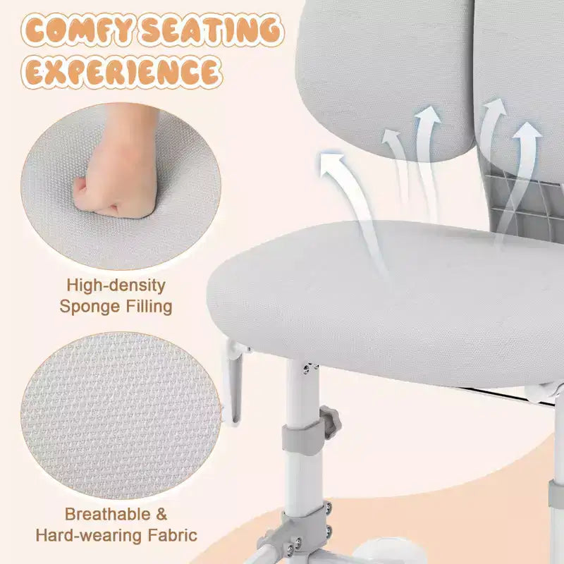 Sedia da studio per bambini con doppio schienale, poggiapiedi, altezza e profondità della seduta regolabili - Grigio/Blu/Rosa