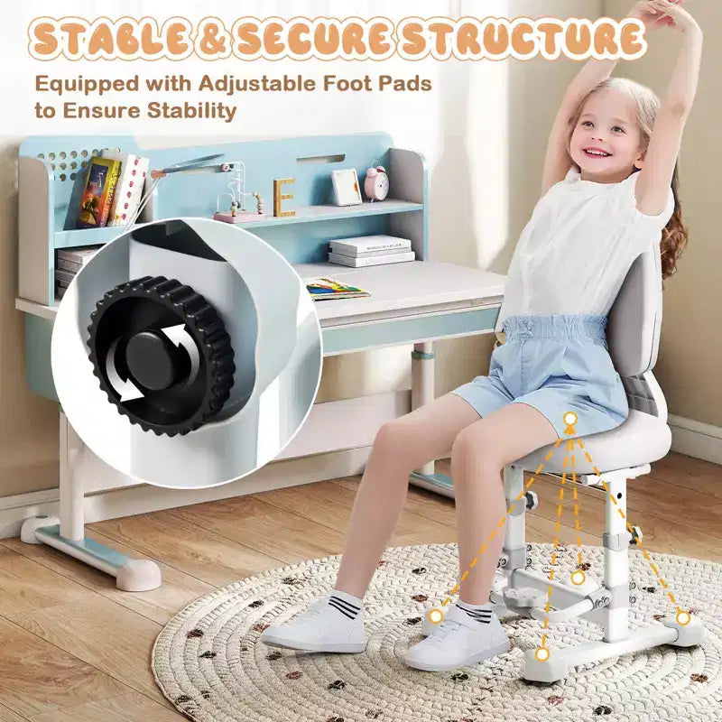 Sedia da studio per bambini con doppio schienale, poggiapiedi, altezza e profondità della seduta regolabili - Grigio/Blu/Rosa