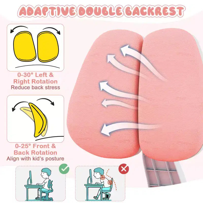 Sedia da studio per bambini con doppio schienale, poggiapiedi, altezza e profondità della seduta regolabili - Grigio/Blu/Rosa