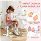 Sedia da studio per bambini con doppio schienale, poggiapiedi, altezza e profondità della seduta regolabili - Grigio/Blu/Rosa