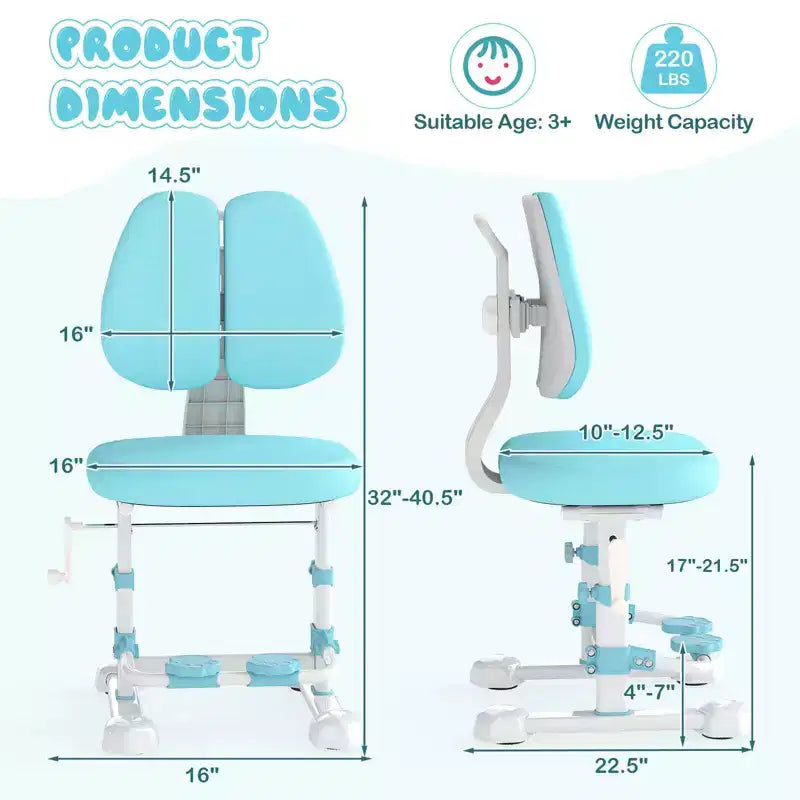 Sedia da studio per bambini con doppio schienale, poggiapiedi, altezza e profondità della seduta regolabili - Grigio/Blu/Rosa