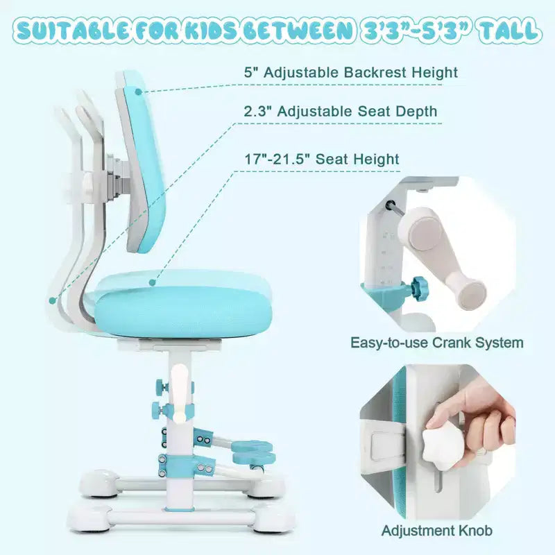 Sedia da studio per bambini con doppio schienale, poggiapiedi, altezza e profondità della seduta regolabili - Grigio/Blu/Rosa