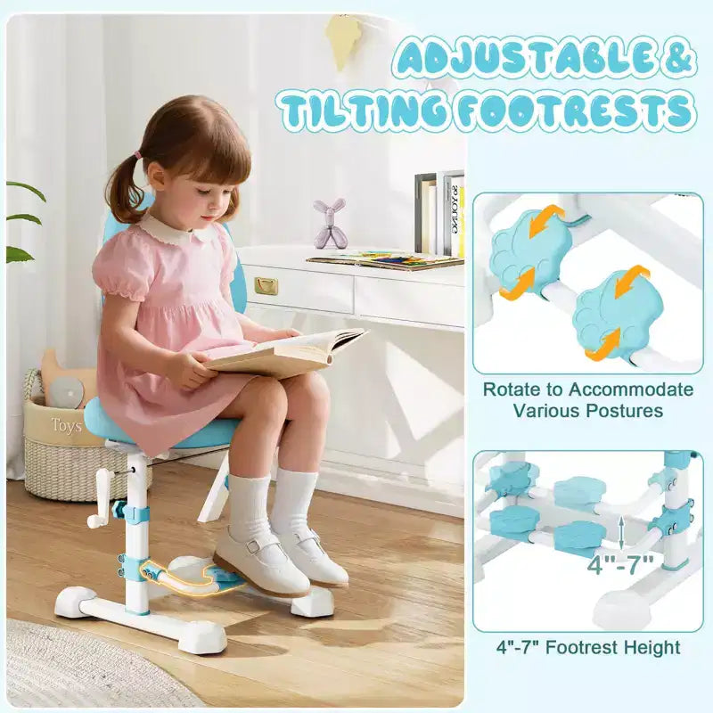 Sedia da studio per bambini con doppio schienale, poggiapiedi, altezza e profondità della seduta regolabili - Grigio/Blu/Rosa