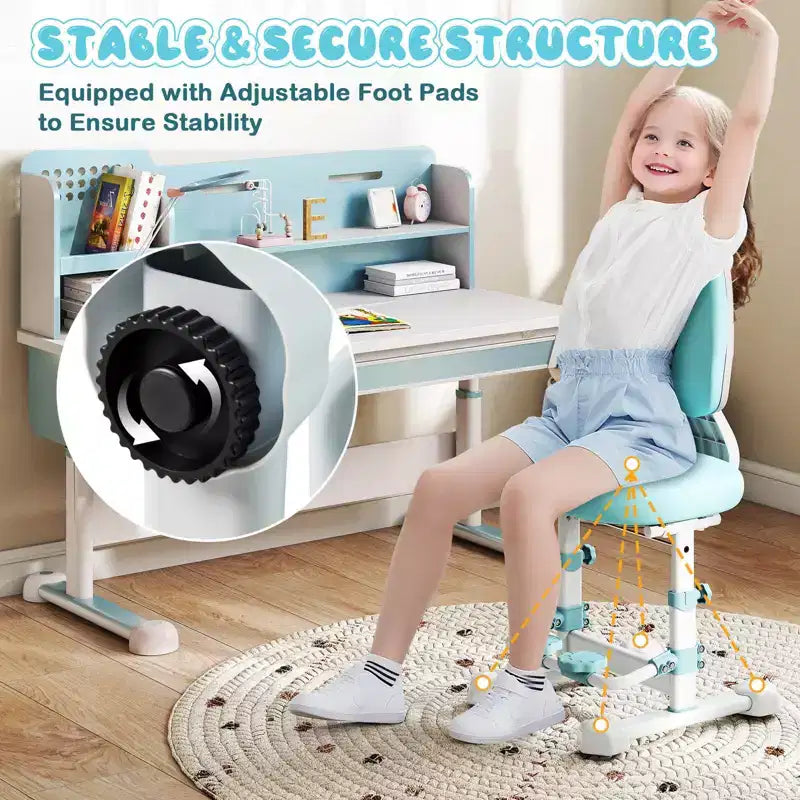 Sedia da studio per bambini con doppio schienale, poggiapiedi, altezza e profondità della seduta regolabili - Grigio/Blu/Rosa