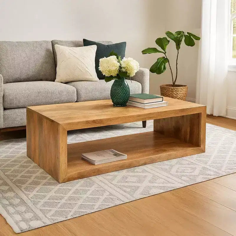 Royal Hampton 58 Inch Mango Wood Coffee Table, Open Cube, 1 Shelf, Natural Brown
