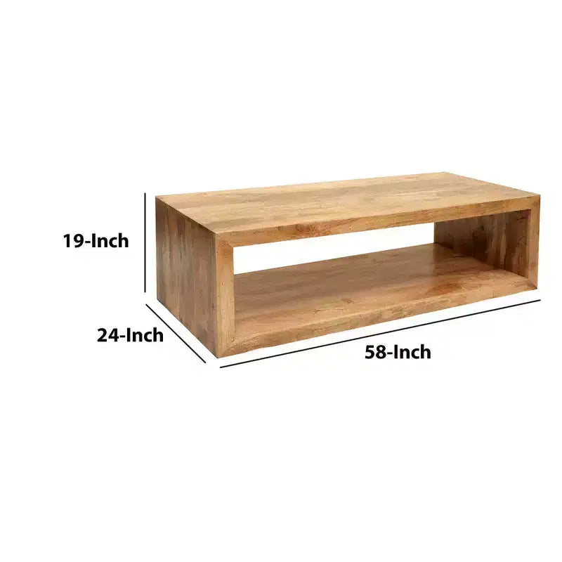 Tavolino da Caffè in Legno di Mango da 58 Pollici, Cubo Aperto, 1 Ripiano, Marrone Naturale