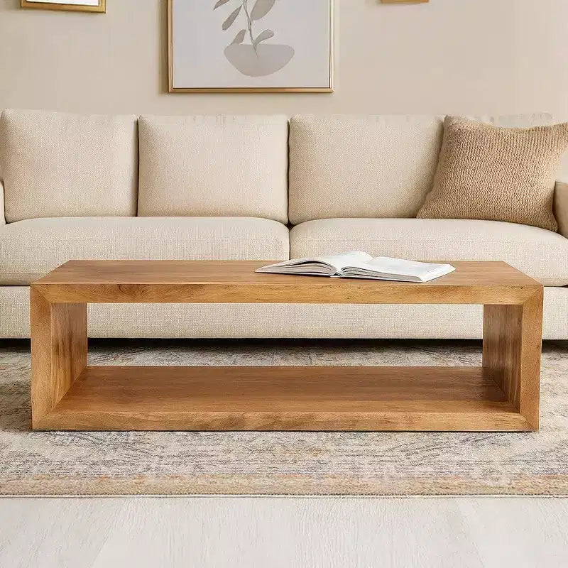 Tavolino da Caffè in Legno di Mango da 58 Pollici, Cubo Aperto, 1 Ripiano, Marrone Naturale