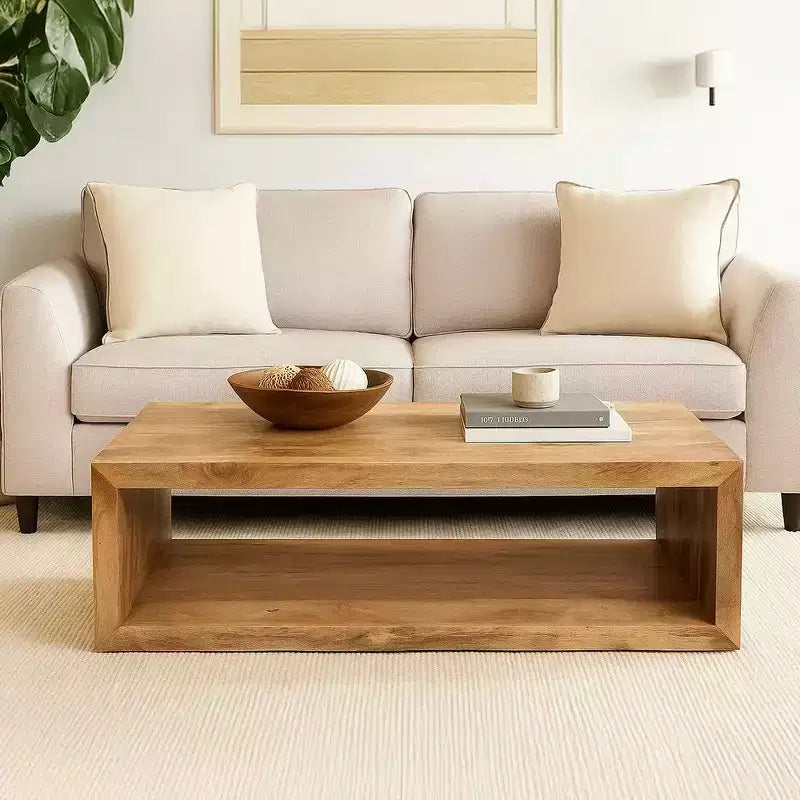 Tavolino da Caffè in Legno di Mango da 58 Pollici, Cubo Aperto, 1 Ripiano, Marrone Naturale