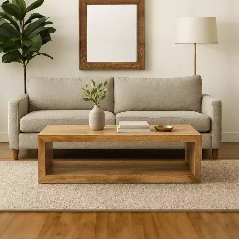 Tavolino da Caffè in Legno di Mango da 58 Pollici, Cubo Aperto, 1 Ripiano, Marrone Naturale