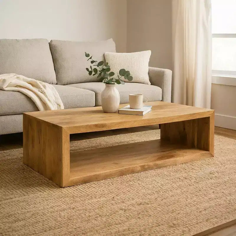 Tavolino da Caffè in Legno di Mango da 58 Pollici, Cubo Aperto, 1 Ripiano, Marrone Naturale