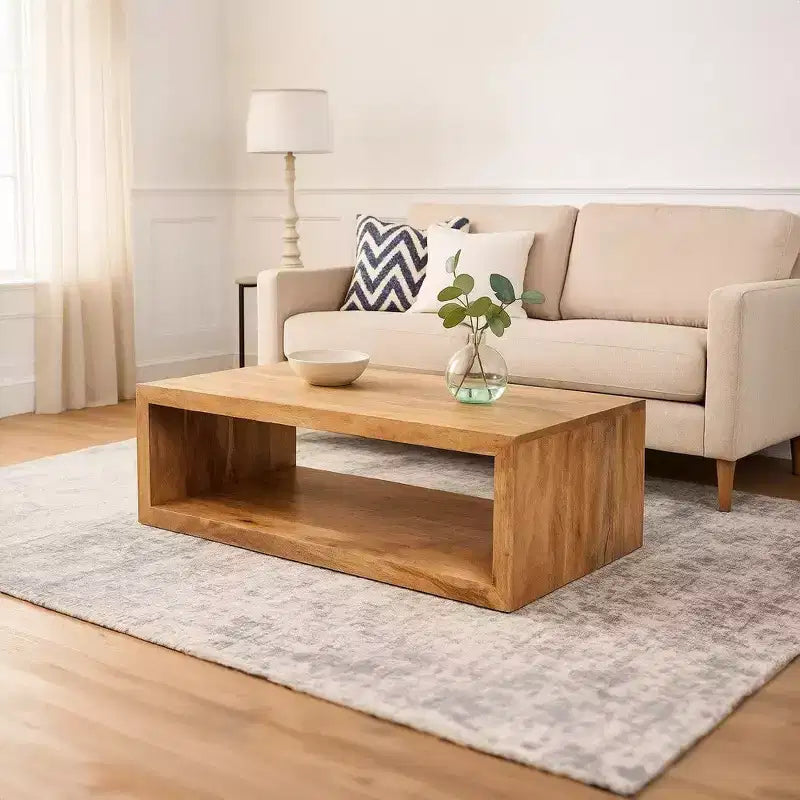 Tavolino da Caffè in Legno di Mango da 58 Pollici, Cubo Aperto, 1 Ripiano, Marrone Naturale
