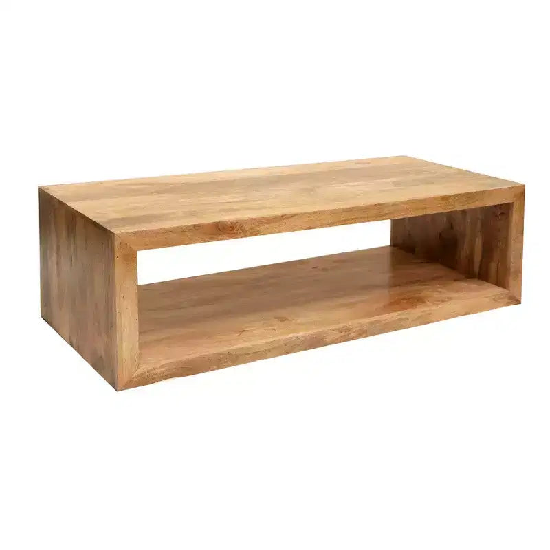 Tavolino da Caffè in Legno di Mango da 58 Pollici, Cubo Aperto, 1 Ripiano, Marrone Naturale