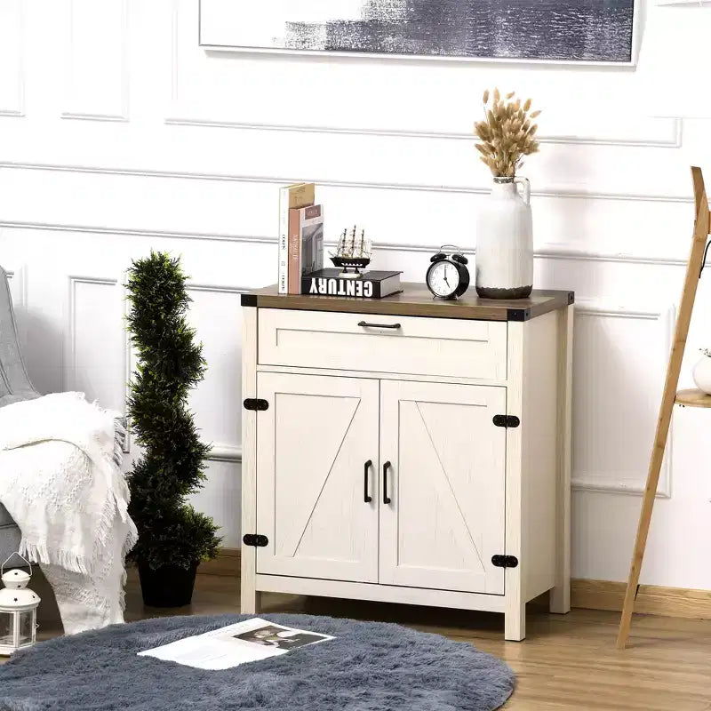 Madia moderna stile Farmhouse con contenitore, mobiletto a buffet con 2 ante scorrevoli stile fienile e cassetto per sala da pranzo