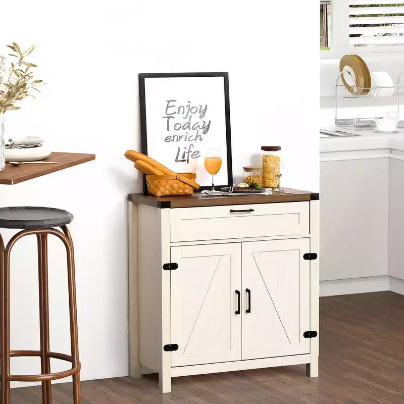 Madia moderna stile Farmhouse con contenitore, mobiletto a buffet con 2 ante scorrevoli stile fienile e cassetto per sala da pranzo
