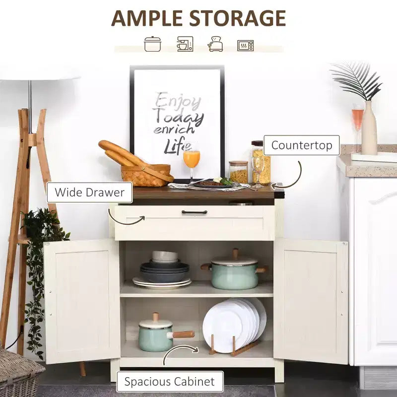 Madia moderna stile Farmhouse con contenitore, mobiletto a buffet con 2 ante scorrevoli stile fienile e cassetto per sala da pranzo