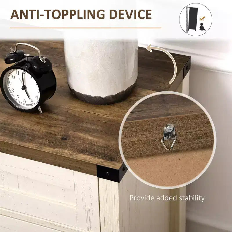 Madia moderna stile Farmhouse con contenitore, mobiletto a buffet con 2 ante scorrevoli stile fienile e cassetto per sala da pranzo