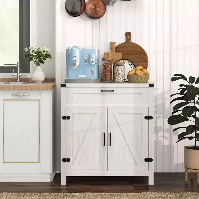 Madia moderna stile Farmhouse con contenitore, mobiletto a buffet con 2 ante scorrevoli stile fienile e cassetto per sala da pranzo