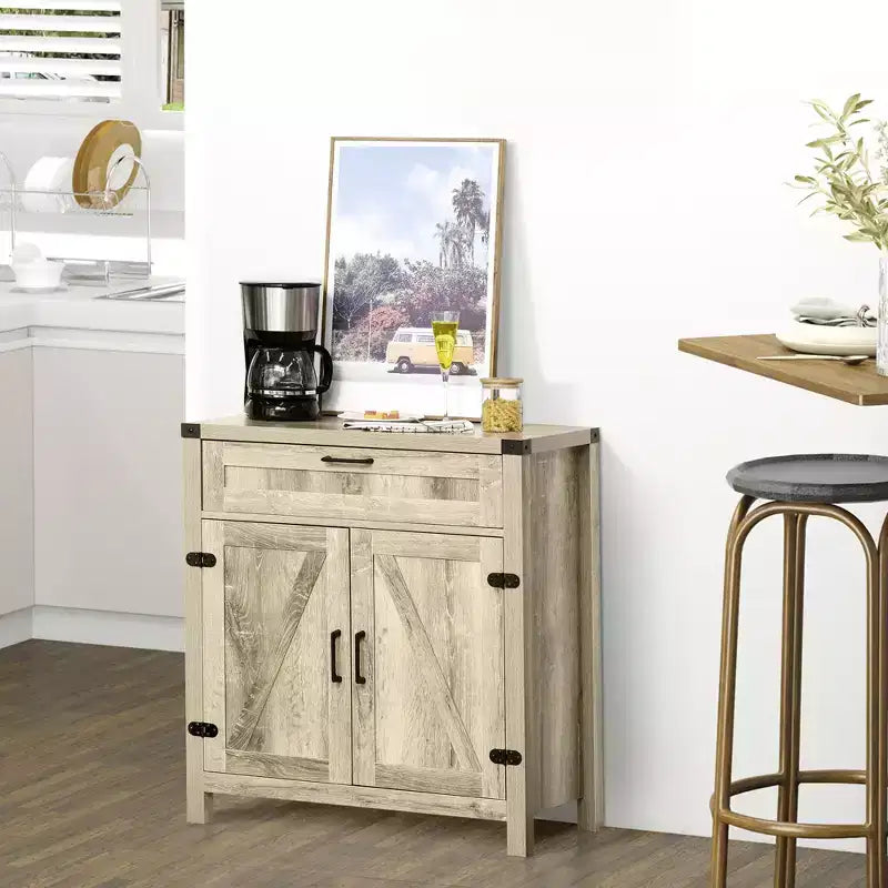 Madia moderna stile Farmhouse con contenitore, mobiletto a buffet con 2 ante scorrevoli stile fienile e cassetto per sala da pranzo