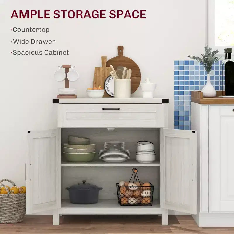 Madia moderna stile Farmhouse con contenitore, mobiletto a buffet con 2 ante scorrevoli stile fienile e cassetto per sala da pranzo