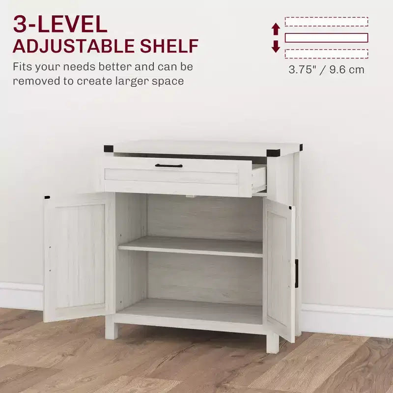 Madia moderna stile Farmhouse con contenitore, mobiletto a buffet con 2 ante scorrevoli stile fienile e cassetto per sala da pranzo