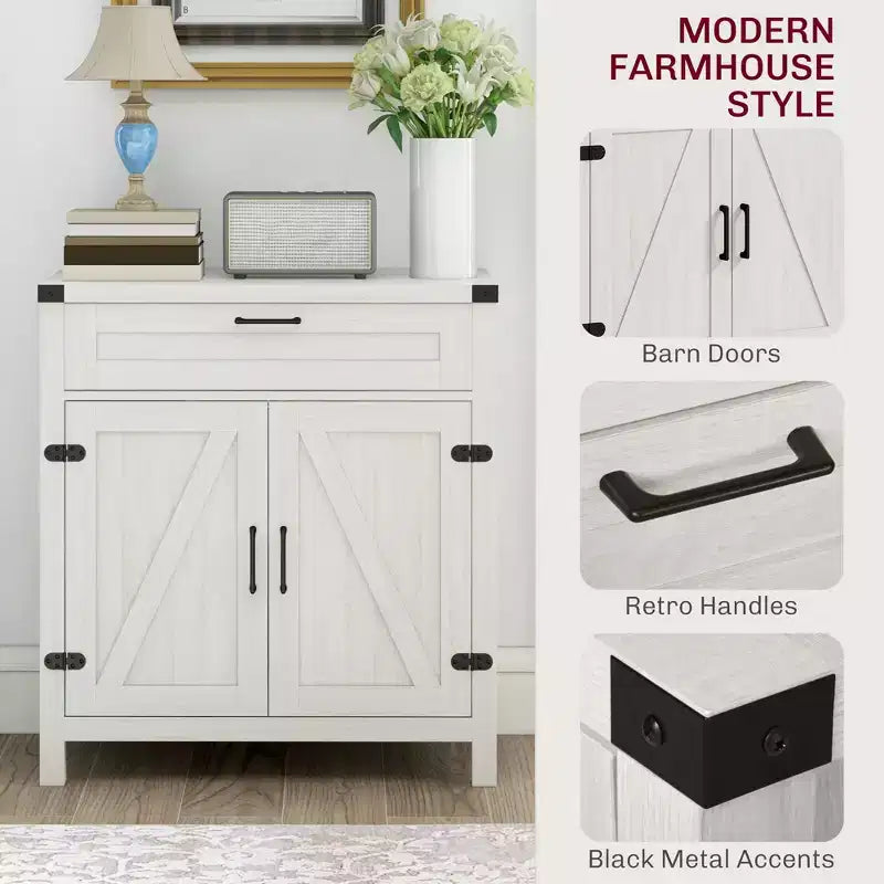 Madia moderna stile Farmhouse con contenitore, mobiletto a buffet con 2 ante scorrevoli stile fienile e cassetto per sala da pranzo