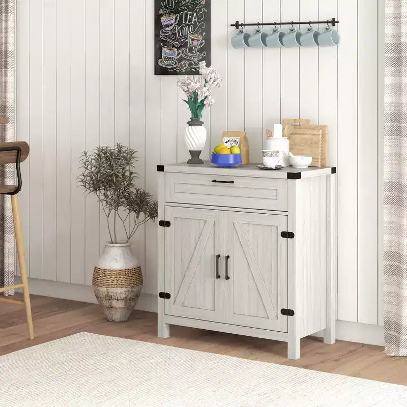Madia moderna stile Farmhouse con contenitore, mobiletto a buffet con 2 ante scorrevoli stile fienile e cassetto per sala da pranzo