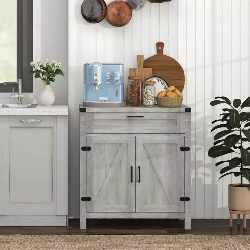 Madia moderna stile Farmhouse con contenitore, mobiletto a buffet con 2 ante scorrevoli stile fienile e cassetto per sala da pranzo