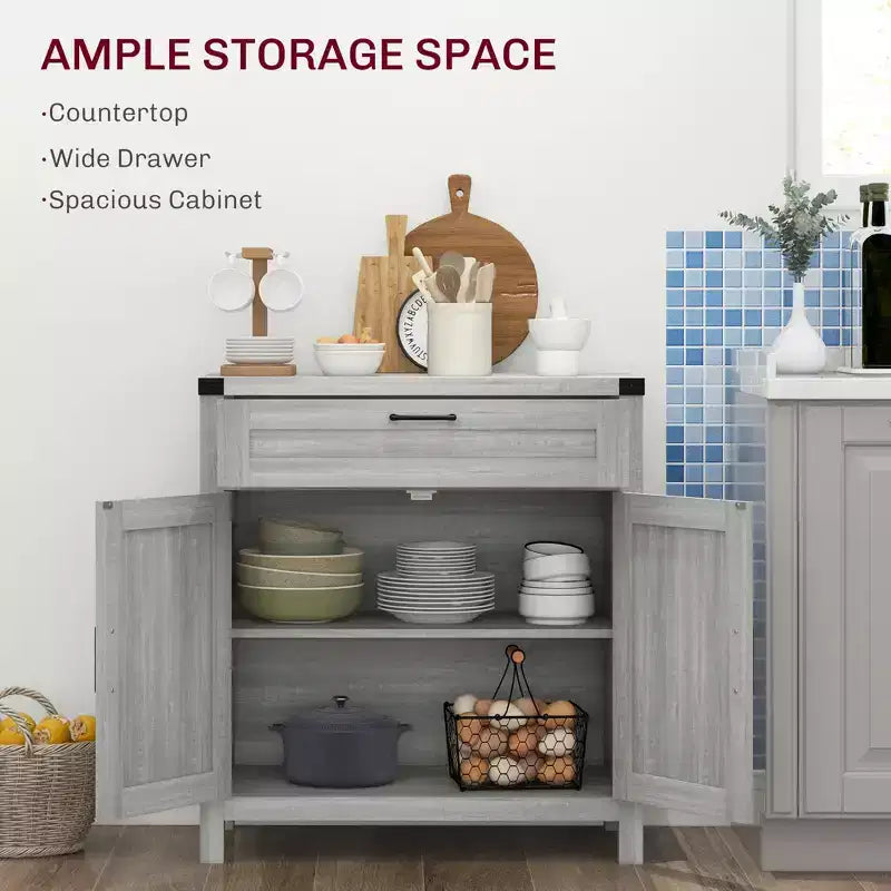 Madia moderna stile Farmhouse con contenitore, mobiletto a buffet con 2 ante scorrevoli stile fienile e cassetto per sala da pranzo