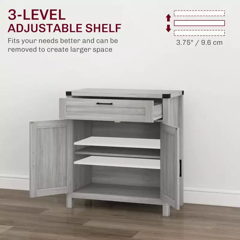 Madia moderna stile Farmhouse con contenitore, mobiletto a buffet con 2 ante scorrevoli stile fienile e cassetto per sala da pranzo