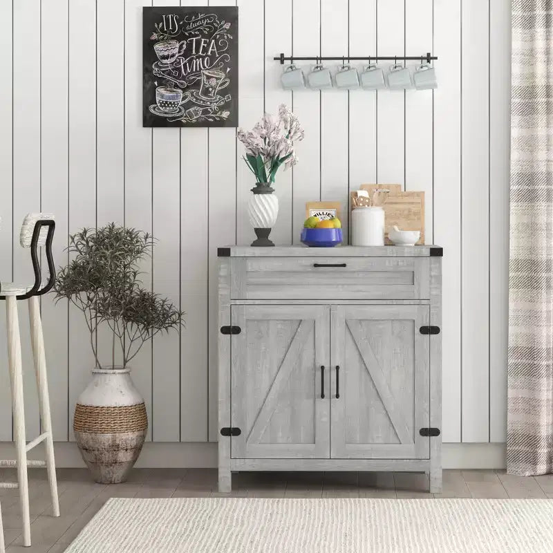 Madia moderna stile Farmhouse con contenitore, mobiletto a buffet con 2 ante scorrevoli stile fienile e cassetto per sala da pranzo