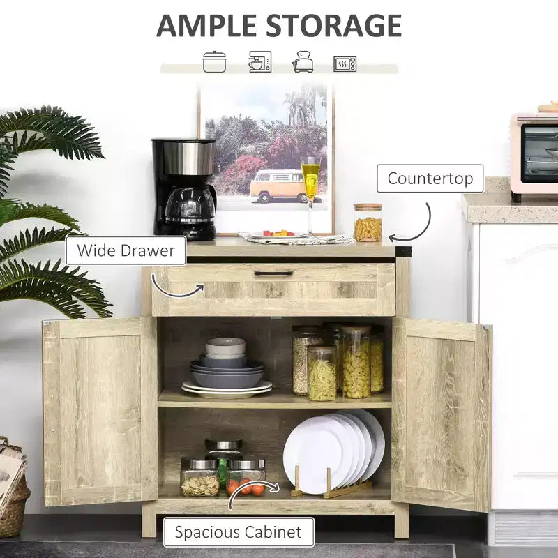 Madia moderna stile Farmhouse con contenitore, mobiletto a buffet con 2 ante scorrevoli stile fienile e cassetto per sala da pranzo