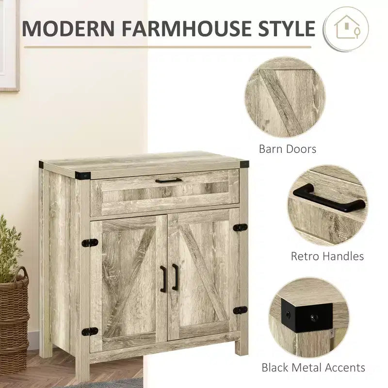 Madia moderna stile Farmhouse con contenitore, mobiletto a buffet con 2 ante scorrevoli stile fienile e cassetto per sala da pranzo