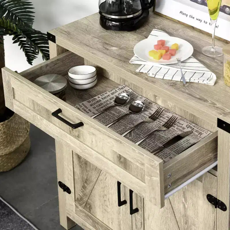 Madia moderna stile Farmhouse con contenitore, mobiletto a buffet con 2 ante scorrevoli stile fienile e cassetto per sala da pranzo
