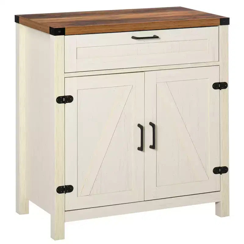 Madia moderna stile Farmhouse con contenitore, mobiletto a buffet con 2 ante scorrevoli stile fienile e cassetto per sala da pranzo