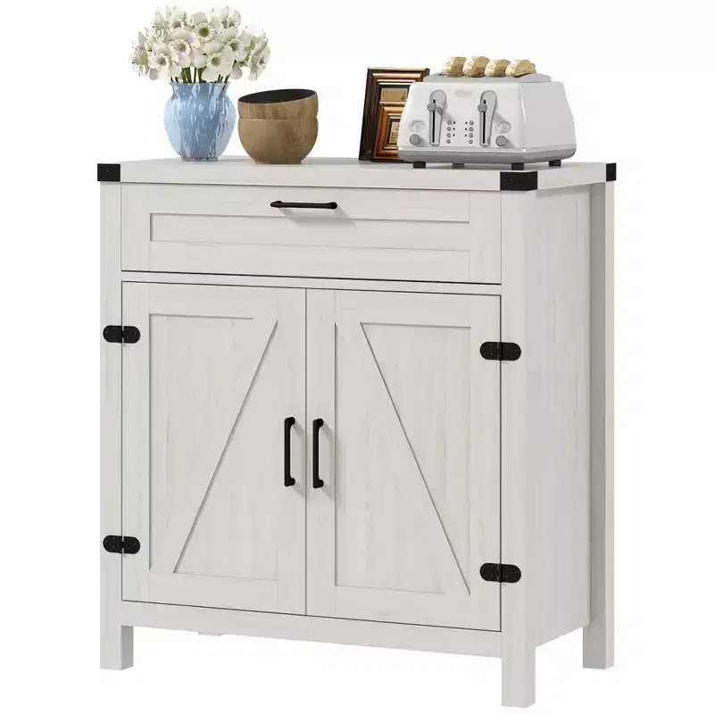 Madia moderna stile Farmhouse con contenitore, mobiletto a buffet con 2 ante scorrevoli stile fienile e cassetto per sala da pranzo