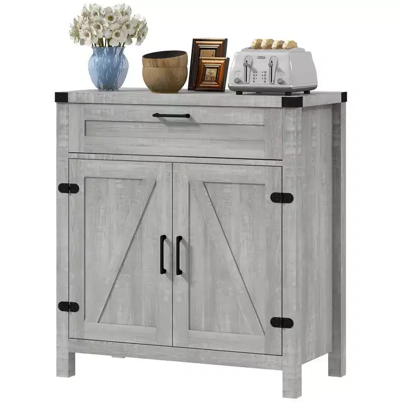 Madia moderna stile Farmhouse con contenitore, mobiletto a buffet con 2 ante scorrevoli stile fienile e cassetto per sala da pranzo