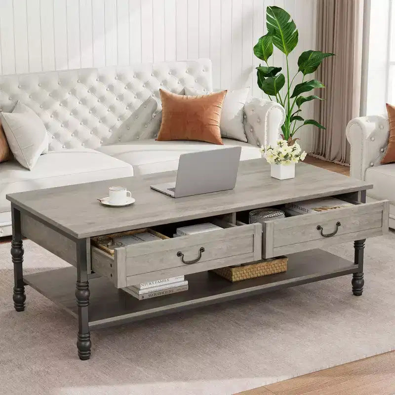 Farmhouse Coffee Table with Storage, 41 Wood Coffee Table for Living Room, Rustic Center Table with 2 Drawers, Open Display Area