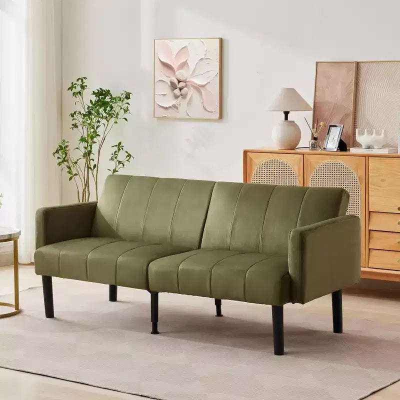 Divano letto futon convertibile da 75,5 pollici, divano a due posti in lino flanella con gambe in legno e schienale regolabile per soggiorno o piccoli spazi