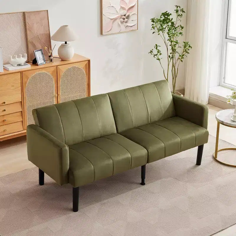 Divano letto futon convertibile da 75,5 pollici, divano a due posti in lino flanella con gambe in legno e schienale regolabile per soggiorno o piccoli spazi