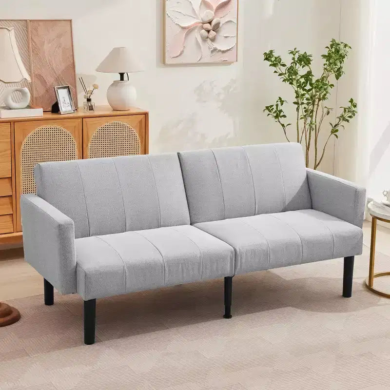 Divano letto futon convertibile da 75,5 pollici, divano a due posti in lino flanella con gambe in legno e schienale regolabile per soggiorno o piccoli spazi