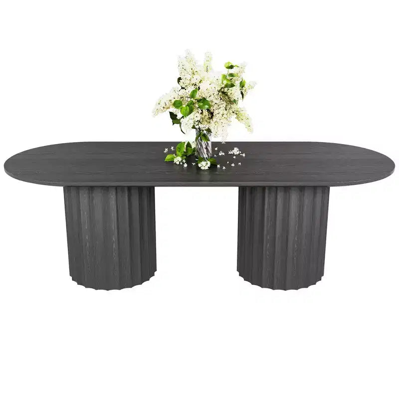 Tavolo da pranzo ovale nero cilindrico a doppia base da 86 pollici con 8 sedie da pranzo Adatto per sala da pranzo / soggiorno