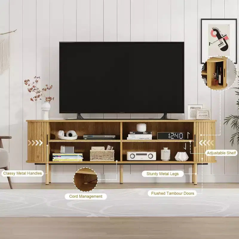Mobile TV con contenitore, mobile multimediale in rovere, centro d'intrattenimento contemporaneo, adatto a soggiorni, camere da letto e corridoi.