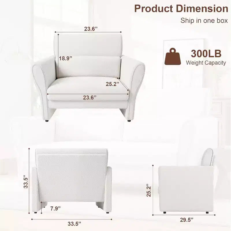 Poltroncina Moderna con Braccioli, Divanetto Moderno in Bouclé, Cuscini Lombari Rimovibili, Facile Montaggio, per Soggiorno, Camera da Letto