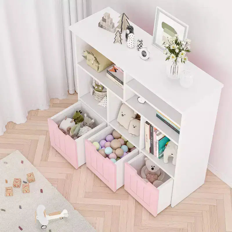 Mobile Armadio Organizzatore per Bambini, Libreria per Bambini con 3 Cassetti Mobili, Contenitore Giocattoli per Bambini per Sala Giochi Asilo Camera da Letto, Rosa