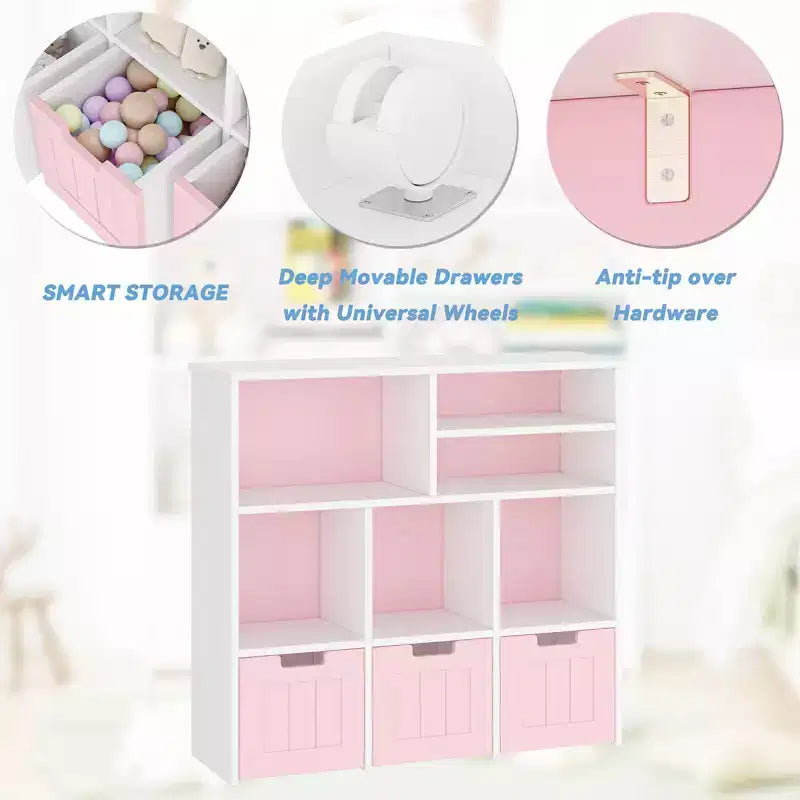 Mobile Armadio Organizzatore per Bambini, Libreria per Bambini con 3 Cassetti Mobili, Contenitore Giocattoli per Bambini per Sala Giochi Asilo Camera da Letto, Rosa
