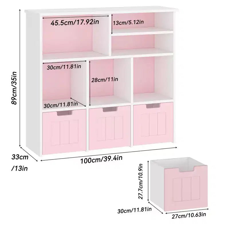 Mobile Armadio Organizzatore per Bambini, Libreria per Bambini con 3 Cassetti Mobili, Contenitore Giocattoli per Bambini per Sala Giochi Asilo Camera da Letto, Rosa